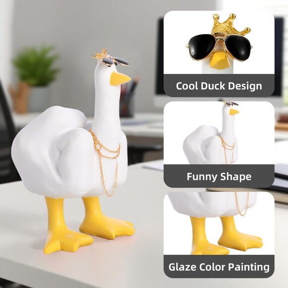 Funny Resin Duck Statue with Crown and Glasses White Yellow Desk Office Decor - Picture 3 of 6
